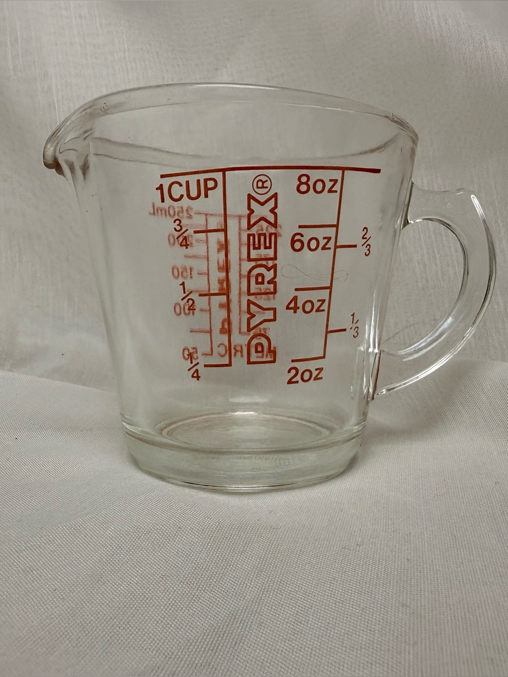 Vintage Pyrex 250 1 Cup Glass Measuring Cup Red Lettering Metric USA